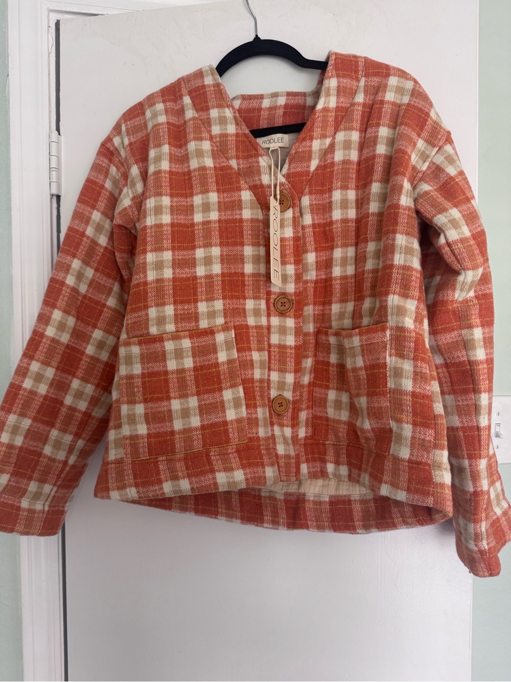 Roolee Coral and Cream Plaid Button Shirt Jacket